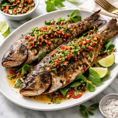Image of Grilled Whole Fish in Chile Garlic and Mint Sauce a Kremezi