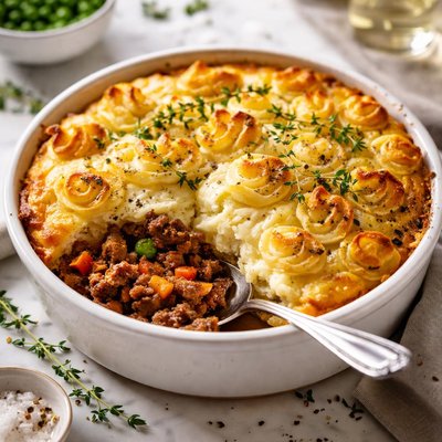 Image of Ground Beef and Sausage Pie Pastry or Potato Topped