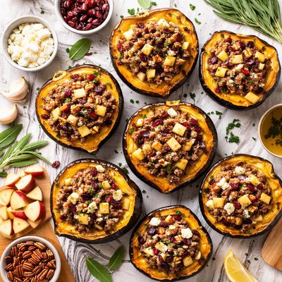 Image of Ground Beef Apple Filled Acorn Squash Halves