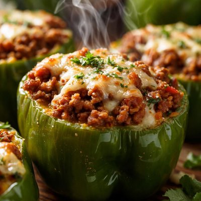 Image of Ground Beef Stuffed Green Bell Peppers with Cheese