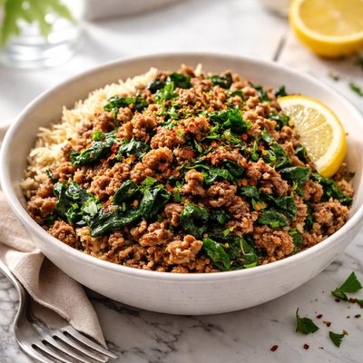 Image of Ground Beef with Spinach and Brown Rice