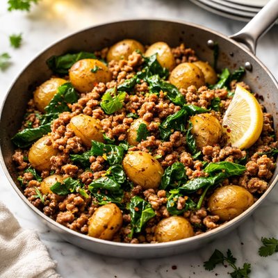 Image of Ground Chicken Beef with Potatoes Spinach