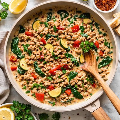 Image of Ground Pork and Vegetables in a Cream Sauce