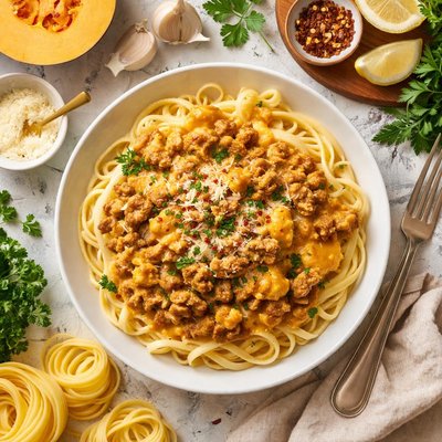Image of Ground Turkey with Creamy Squash Sauce Over Noodles