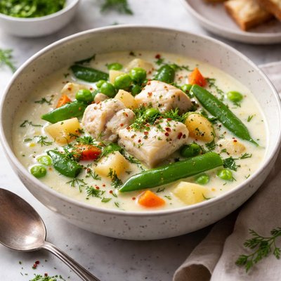Image of Halibut Chowder with Herbs and Sugar Peas