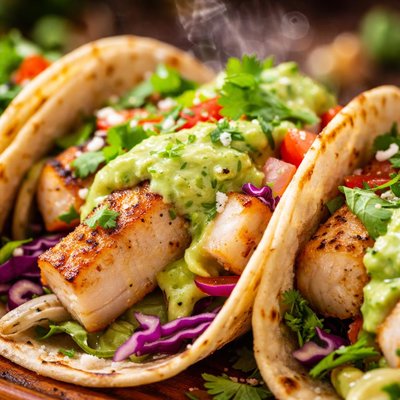 Image of Halibut Fish Tacos with Guacamole Sauce