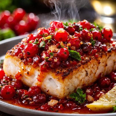 Image of Halibut Grilled with Red Currant Garlic Sauce