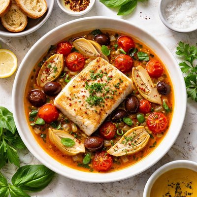 Image of Halibut in Artichoke Tomato Broth