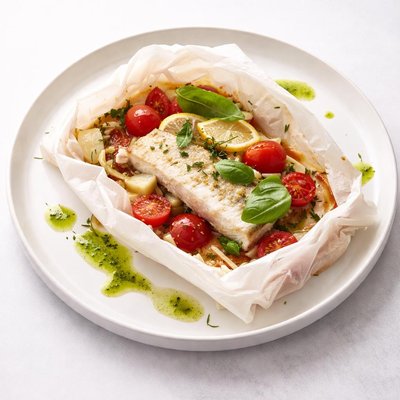Image of Halibut in Parchment with Basil Oil