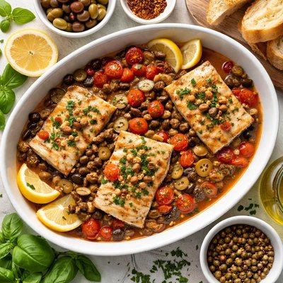 Image of Halibut with Capers Tomatoes and Olives