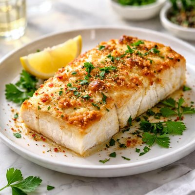 Image of Halibut with Garlic Mayonnaise Parmesan Topping