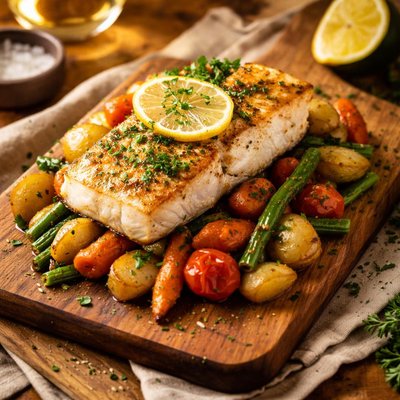 Image of Halibut with Herbed Vegetable Quartet