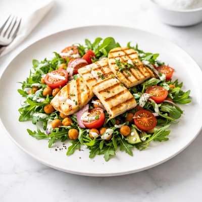 Image of Haloumi and Chickpea Arugula Salad with Greek Yogurt Dressing
