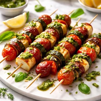 Image of Haloumi Sausage and Pesto Skewers