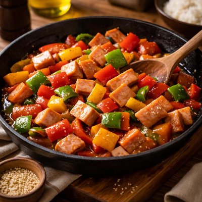 Image of Ham and Peppers Stir Fry with Sweet and Sour Sauce