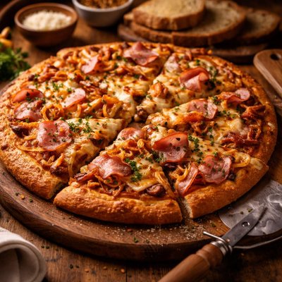 Image of Ham and Swiss with Caramelized Onion on Rye Pizza