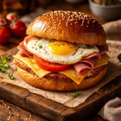 Image of Ham Egg Tomato and Cheese Bun