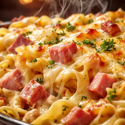 Image of Ham Noodle and Swiss Cheese Casserole