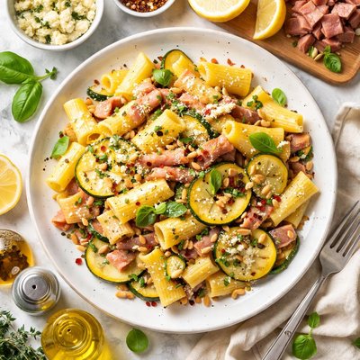 Image of Ham Summer Squash Gorgonzola Over Pasta