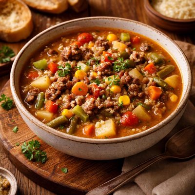 Image of Hamburger Barley Vegetable Soup