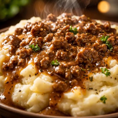 Image of Hamburger Gravy Over Mashed Potatoes