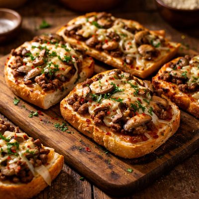 Image of Hamburger Mushroom Bread Pizza