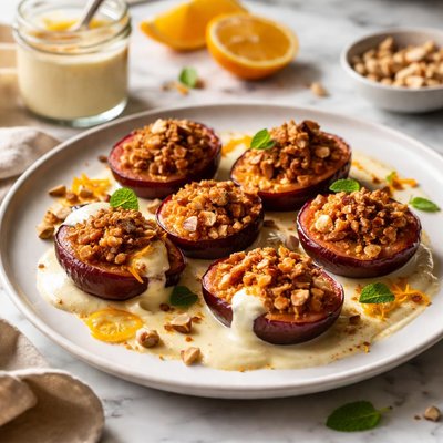 Image of Hazelnut Baked Plums with Orange Cream