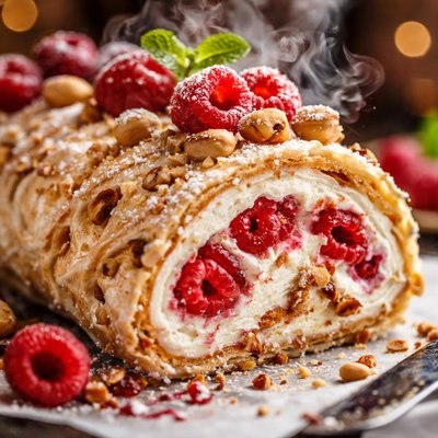 Image of Hazelnut Meringue Roulade Withe Raspberries