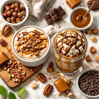 Image of Hazelnut Turtle Latte Hot and Cold Versions