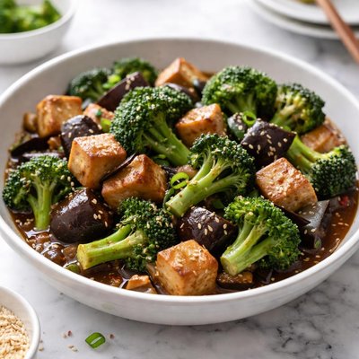 Image of Healthy Eggplant Broccoli and Tofu Stir Fry in Garlic Sauce
