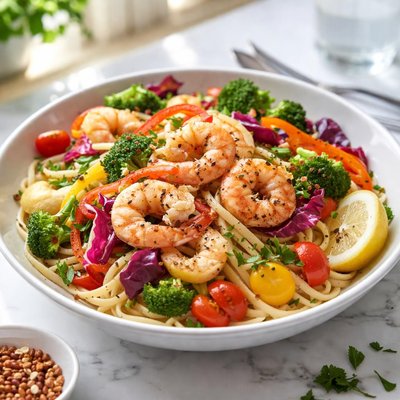 Image of Healthy Rainbow Shrimp Pasta Bethenny Frankel
