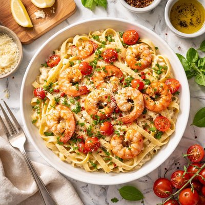 Image of Healthy Shrimp and Pasta Alfredo