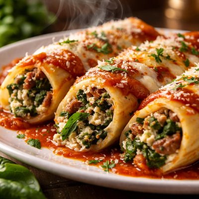Image of Healthy Spinach and Sausage Stuffed Manicotti