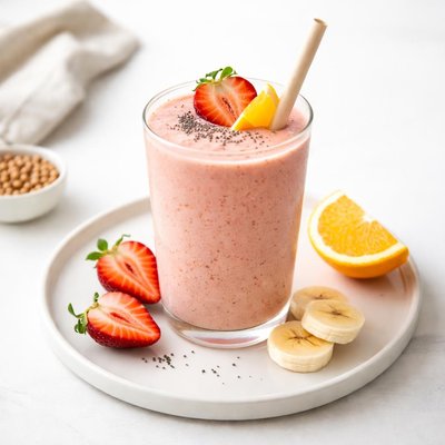 Image of Healthy Strawberry Orange Banana Soymilk Smoothie