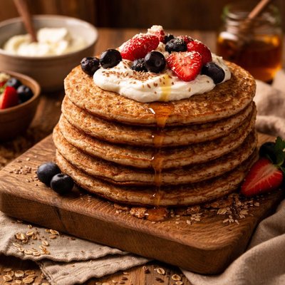 Image of Healthy Whole Wheat Bran Flax Whey Pancakes with Yogurt Cheese