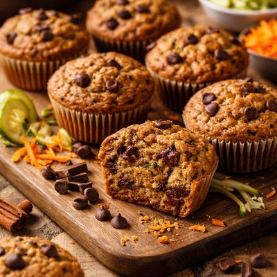 Image of Healthy Whole Wheat Zucchini Carrot Muffins with Chocolate