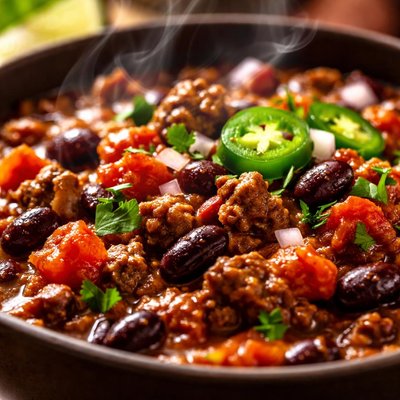 Image of Chili vegano abundante de carne y frijoles