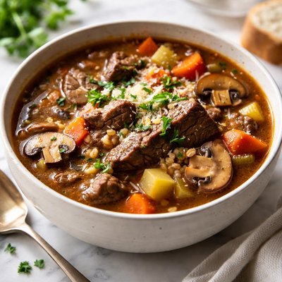 Image of Hearty Beef and Vegetable Soup with Mushrooms