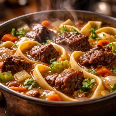 Image of Hearty Steak Soup with Noodles
