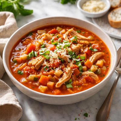 Image of Hearty Tomato Soup with Chicken and Pasta