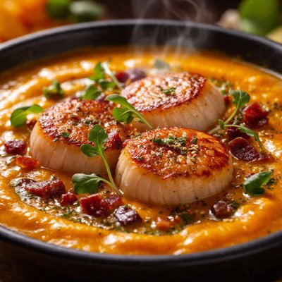 Image of Heirloom Roasted Pumpkin Bisque with Fresh Alaskan Sea Scallops