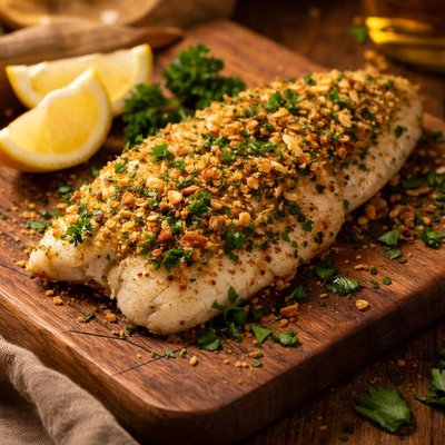 Image of Filete de pescado horneado con costra de hierbas sin lácteos.