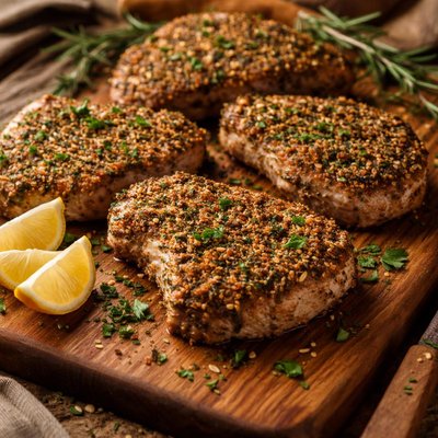 Image of Chuletas de cerdo al horno con costra de hierbas paleo
