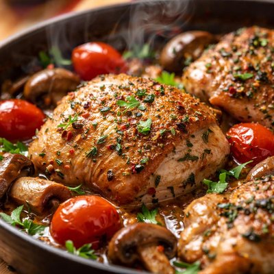 Image of Herb Braised Chicken with Tomatoes and Mushrooms Low Carb