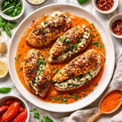 Image of Herb Cheese Stuffed Chicken Breasts with Red Pepper Sauce
