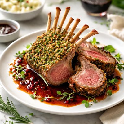 Image of Herb Crusted Rack of Lamb with Port Reduction Sauce