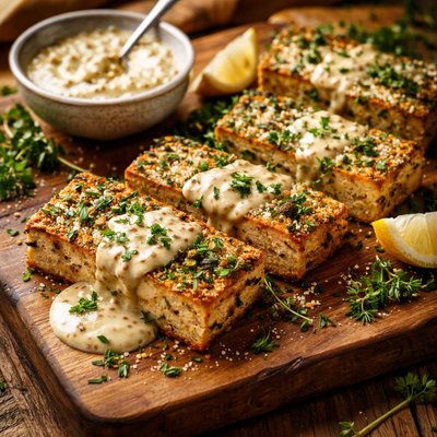 Image of Herb Crusted Tofu with Mustard Horseradish Sauce