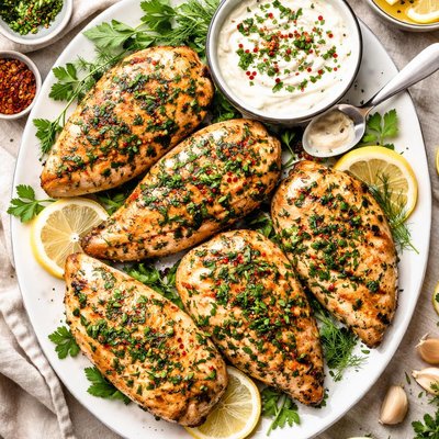 Image of Herb Marinated Chicken Breasts with a Cold Garlic Sauce