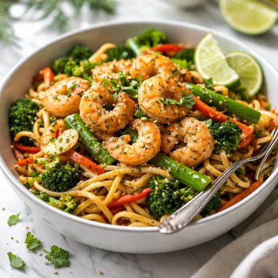 Image of Herb Stir Fried Shrimp with Vegetables and Egg Noodles