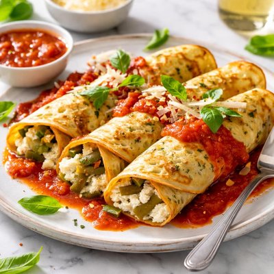 Image of Herbed Crepes with Ricotta Green Peppers and Tomato Sauce